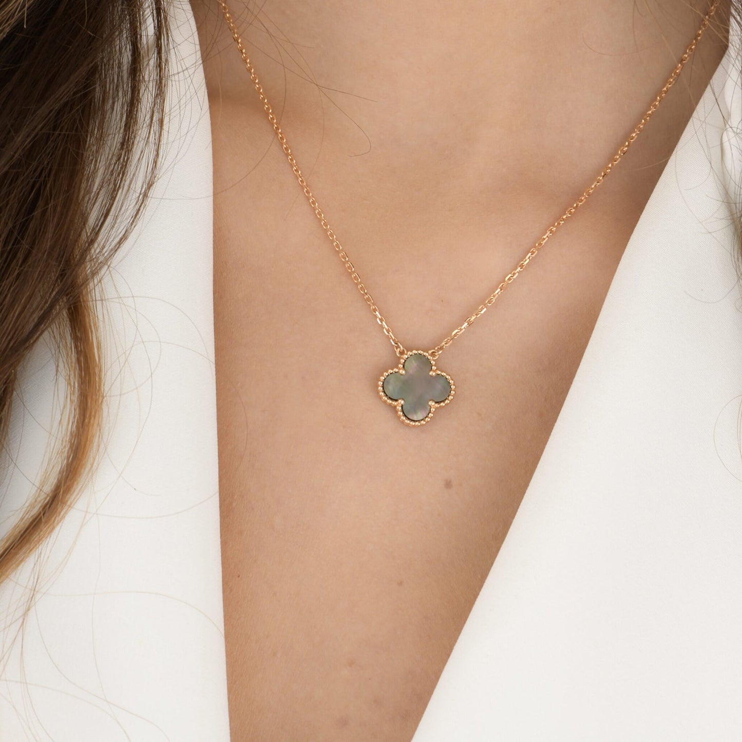 [Glimmer]CLOVER 15MM  GRAY MOTHER OF PEARL NECKLACE
