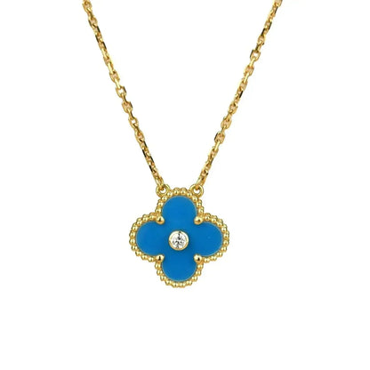 [Glimmer]CLOVER 15MM DIAMOND AND BLUE AGATE NECKLACE