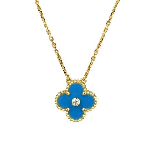 [Glimmer]CLOVER 15MM DIAMOND AND BLUE AGATE NECKLACE