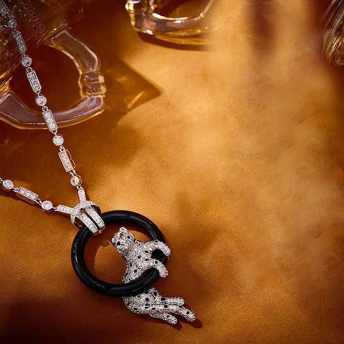 [Glimmer jewelrys]NEW ブラックサークル パンサー フルダイヤモンドネックレス