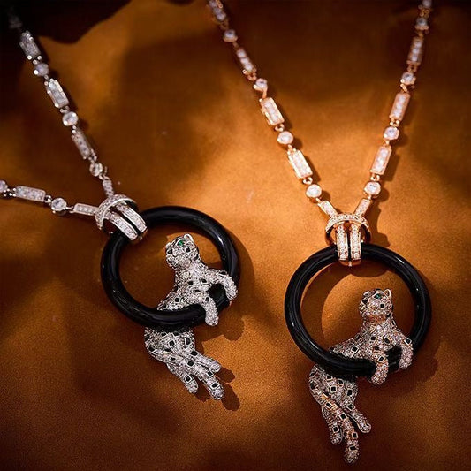 [Glimmer jewelrys]NEW BLACK CIRCLE PANTHER FULL DIAMOND NECKLACE