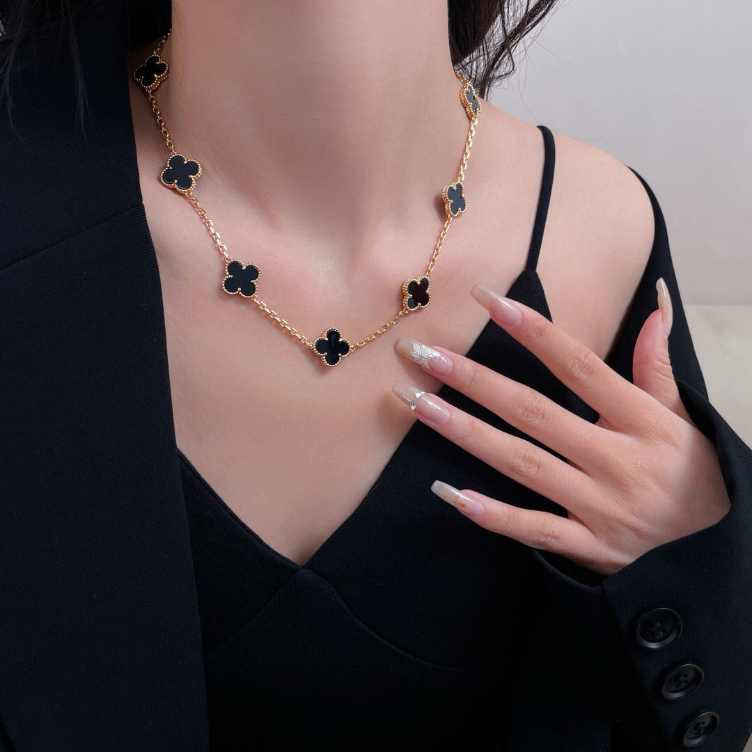 [Glimmer]CLOVER 10 MOTIFS ONYX NECKLACE