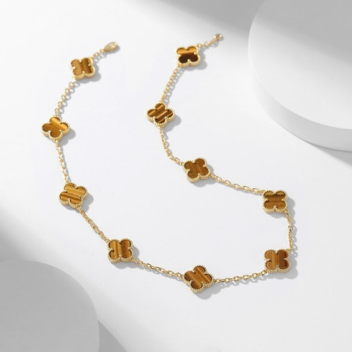 [Glimmer]CLOVER 10 MOTIFS TIGER EYE NECKLACE
