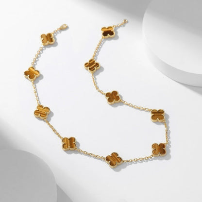[Glimmer]CLOVER 10 MOTIFS TIGER EYE NECKLACE