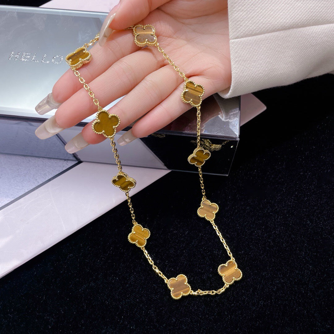 [Glimmer]CLOVER 10 MOTIFS TIGER EYE NECKLACE