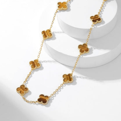 [Glimmer]CLOVER 10 MOTIFS TIGER EYE NECKLACE