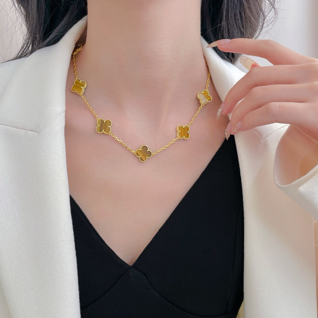 [Glimmer]CLOVER 10 MOTIFS TIGER EYE NECKLACE