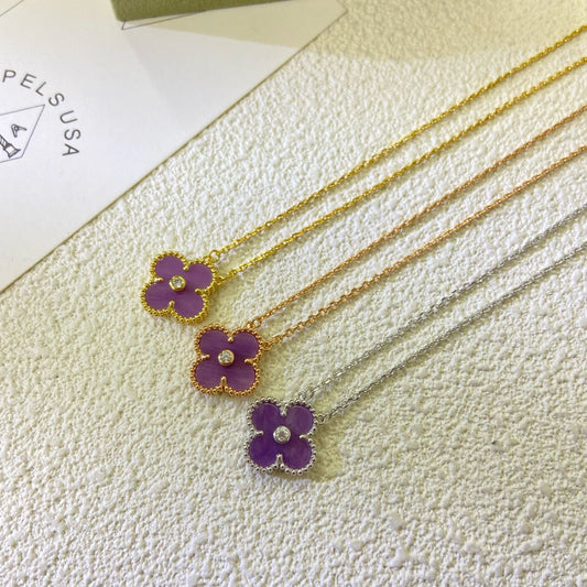 [Glimmer Jewelry]CLOVER 15MM DIAMOND  PURPLE VIOLET NECKLACE