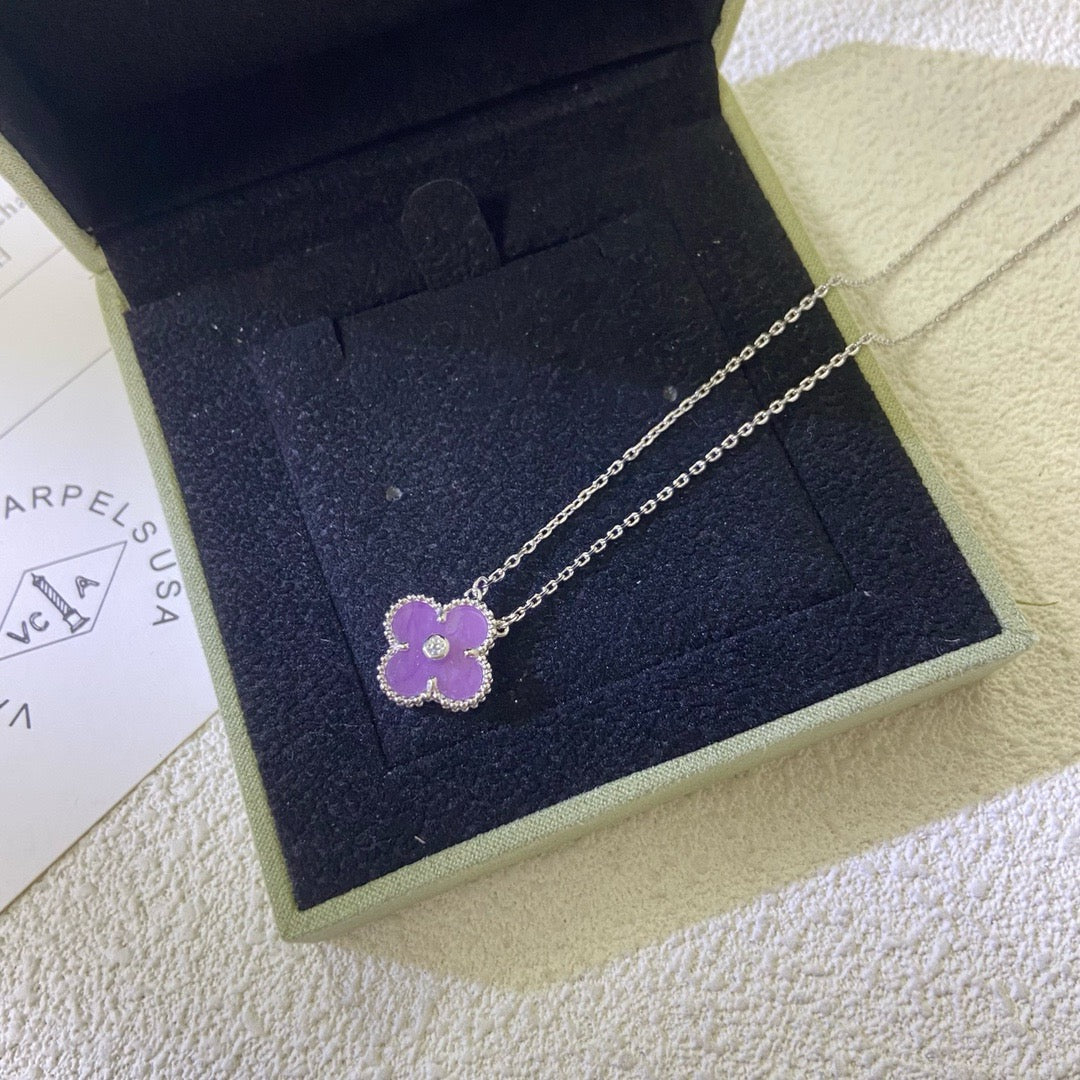 [Glimmer Jewelry]CLOVER 15MM DIAMOND  PURPLE VIOLET NECKLACE