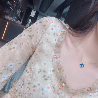 [Glimmer]CLOVER 15MM DIAMOND AND BLUE AGATE NECKLACE