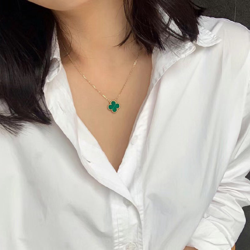 [Glimmer]CLOVER 15MM MALACHITE SINGLE FLOWER  NECKLACE