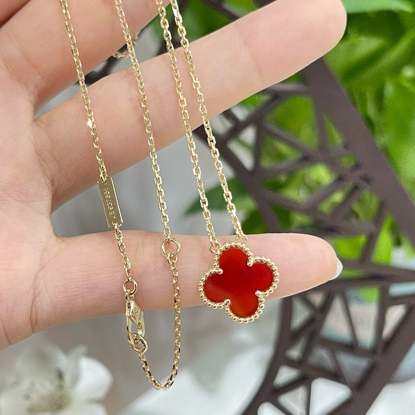 [Glimmer]CLOVER 15MM CARNELIAN SINGLE FLOWER NECKLACE