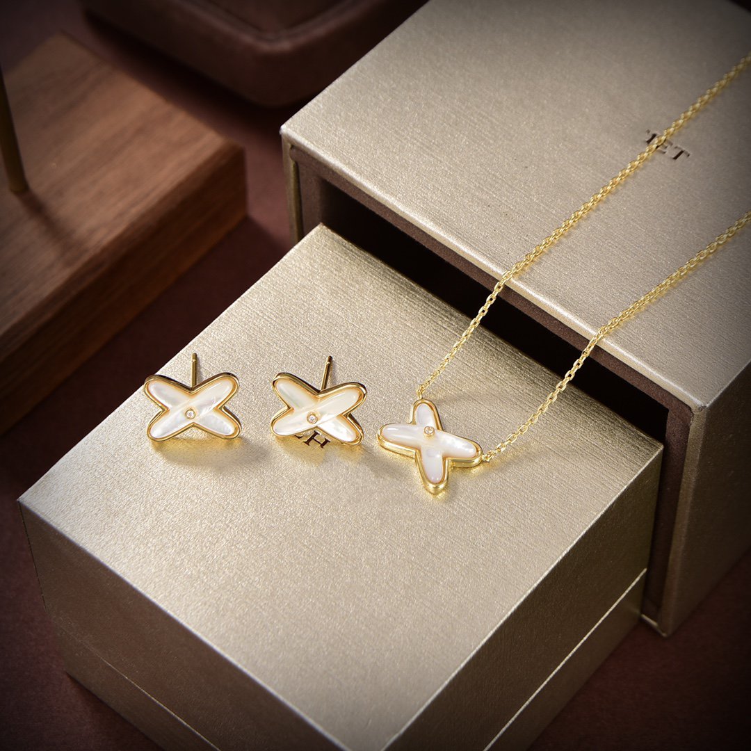[Glimmer]JEUX DE WHITE MOP GOLD DIAMOND EARRINGS