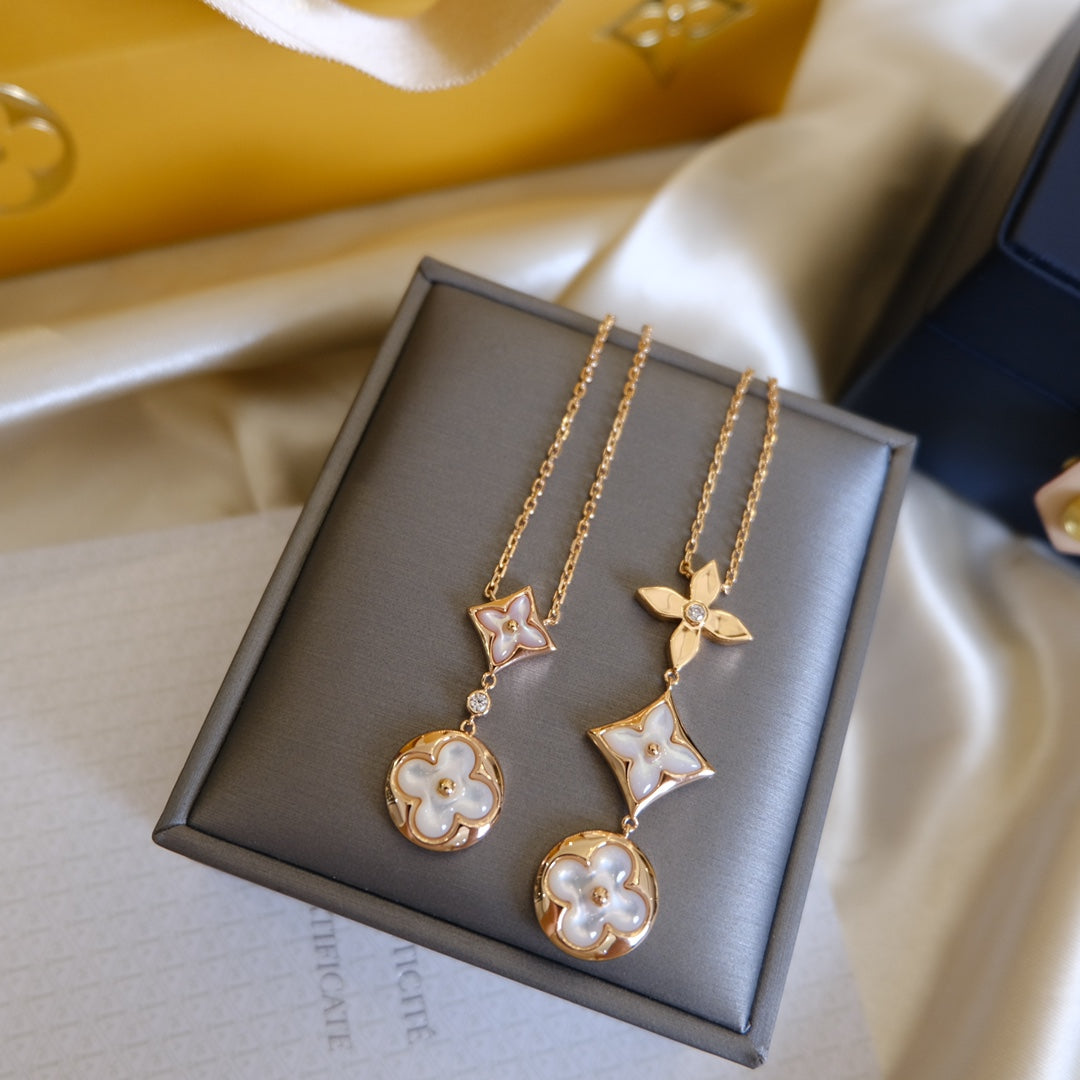 [Glimmer]COLOR BLOSSOM LARIAT NECKLACE PINK GOLD WHITE MOTHER PEARL AND DIAMOND