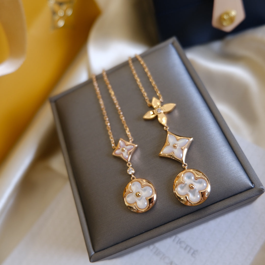 [Glimmer]COLOR BLOSSOM LARIAT NECKLACE PINK GOLD WHITE MOTHER PEARL AND DIAMOND