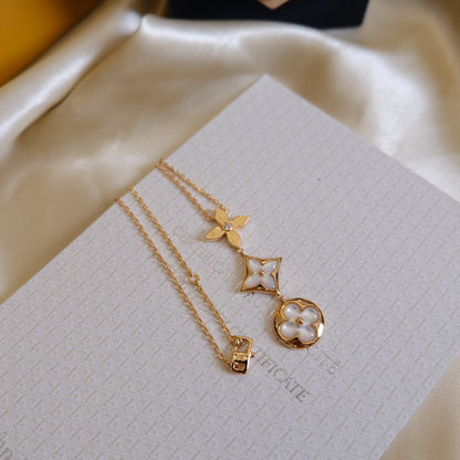 [Glimmer]COLOR BLOSSOM LARIAT NECKLACE PINK GOLD WHITE MOTHER PEARL AND DIAMOND