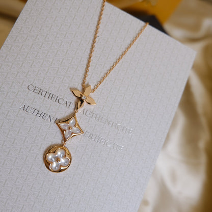 [Glimmer]COLOR BLOSSOM LARIAT NECKLACE PINK GOLD WHITE MOTHER PEARL AND DIAMOND