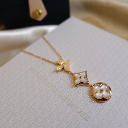 [Glimmer]COLOR BLOSSOM LARIAT NECKLACE PINK GOLD WHITE MOTHER PEARL AND DIAMOND