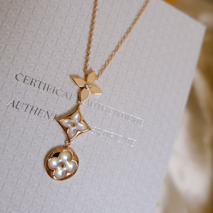 [Glimmer]COLOR BLOSSOM LARIAT NECKLACE PINK GOLD WHITE MOTHER PEARL AND DIAMOND