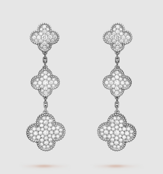 [Glimmer]CLOVER 3 MOTIF DIAMOND SILVER DROP EARRINGS
