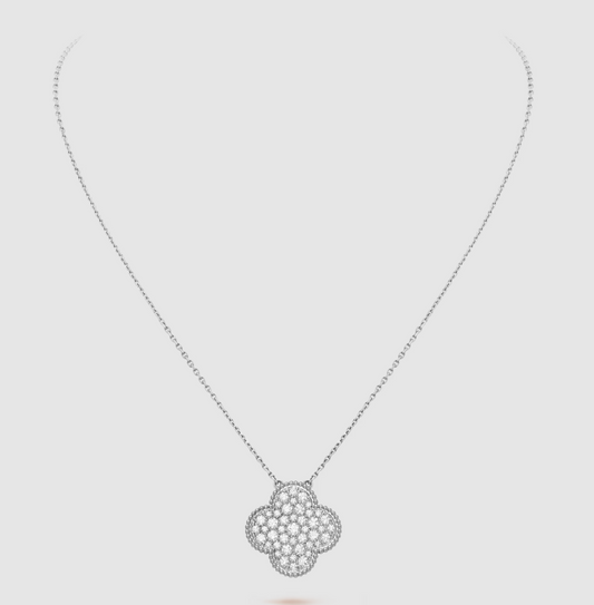 [Glimmer]CLOVER 25MM LARGE PENDANT DIAMOND PAVED SILVER NECKLACE
