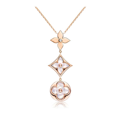 [Glimmer]COLOR BLOSSOM LARIAT NECKLACE PINK GOLD WHITE MOTHER PEARL AND DIAMOND