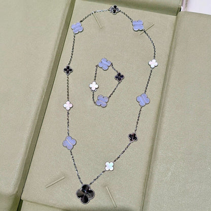 [Glimmer]DETACHABLE CLOVER 15(11+4) FLOWER SILVER NECKLACE SET