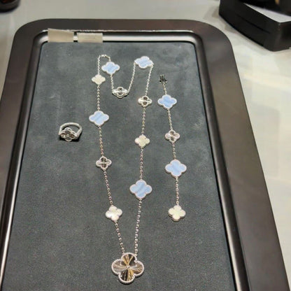 [Glimmer]DETACHABLE CLOVER 15(11+4) FLOWER SILVER NECKLACE SET
