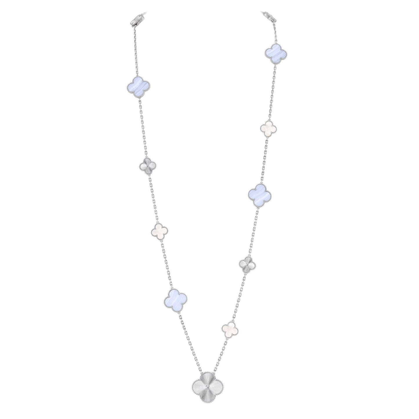 [Glimmer]DETACHABLE CLOVER 15(11+4) FLOWER SILVER NECKLACE SET