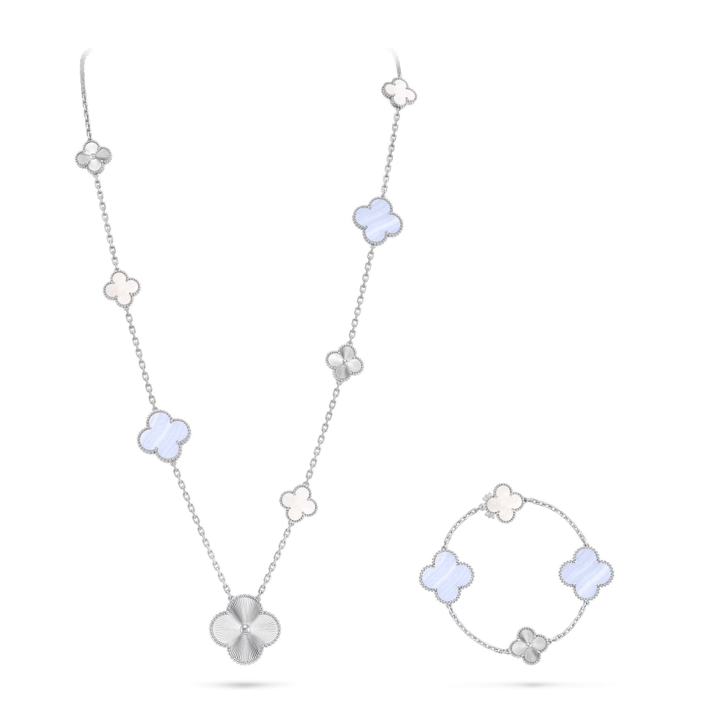 [Glimmer]DETACHABLE CLOVER 15(11+4) FLOWER SILVER NECKLACE SET