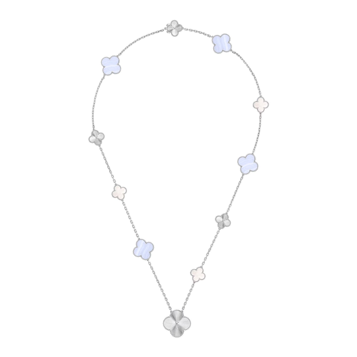 [Glimmer]DETACHABLE CLOVER 15(11+4) FLOWER SILVER NECKLACE SET