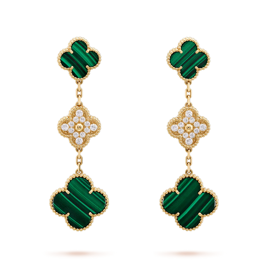 [Glimmer]CLOVER EARRINGS GOLD MALACHITE DIAMOND 3 MOTIF