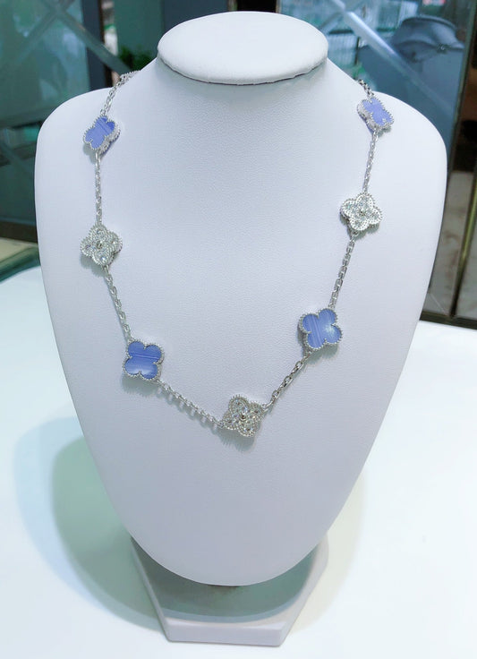 [Glimmer]CLOVER 10 MOTIFS CHALCEDONY DIAMONDS SILVER NECKLACE